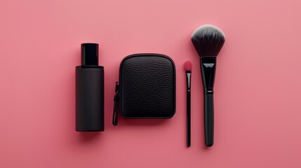 Wall Mural - A black makeup kit with a brush and a bottle on a pink background