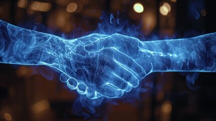 The holographic projection of two hands coming together in a handshake a falsely genuine representation of partnership in the tech world