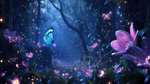 Fairy Forest At Night, Fantasy Glowing Flowers, Butterfly And Lights.