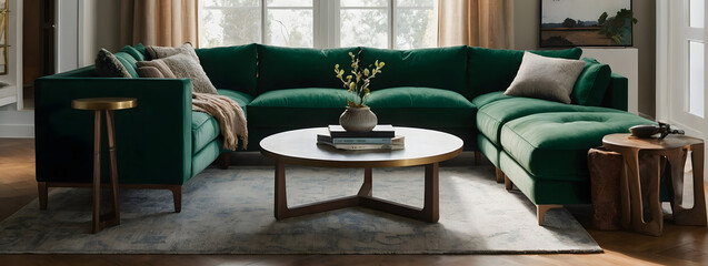 Wall Mural - Cozy room featuring an emerald green sectional sofa on a neutral-toned wall. 