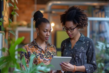 Two African-American women dressed in business casual attire working together on a tablet