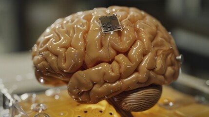 human brain with a real chip implant of the latest technology in high resolution and high quality. implant concepts