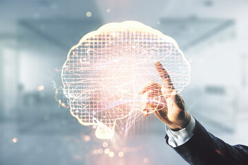 Wall Mural - double exposure of man hand presses on creative artificial intelligence interface on blurred office 
