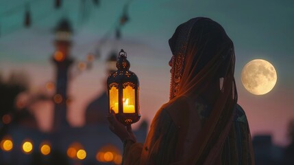 Wall Mural - a muslim girl holding Ornamental Arabic lantern. behind view a mosque with moon. islamic beautiful background with lantern, moon and moon mosque