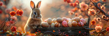 An Adorable Easter Bunny Sits By A Wooden Cart Filled To The Brim With Patterned Easter Eggs Surrounded By Red Flowers