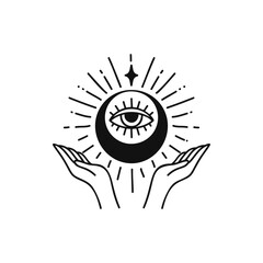 hand lineart vector design, hand drawn celestial boho logo or emblem. magic symbol for decoration co