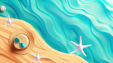 summer banner, top view, sea with sand on the left, hat with sunglasses, copy space for text