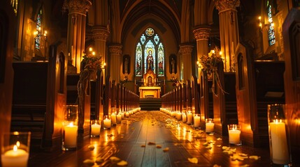 Candlelit Aisle in a Traditional Church Setting A serene and sacred atmosphere is captured within a traditional church, where a candlelit aisle leads to a beautifully stained glass window, evoking a 
