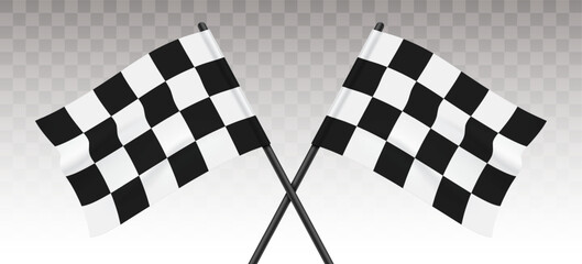 Two checkered flags crossed on a transparent background, symbolizing the start or finish of a motor racing event, vector illustration.