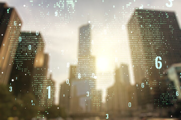 Wall Mural - multi exposure of abstract programming language hologram and world map on blurry cityscape backgroun