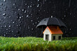 Home Insurance Concept. The House under umbrella. Protection from rain symbolizes the coverage offered by the insurance company