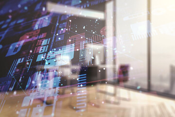 Wall Mural - multi exposure of abstract software development hologram and modern desktop with laptop on backgroun