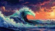 Vibrant pixel art tsunami wave crashing onto a mystic shore, eerie yet mesmerizing