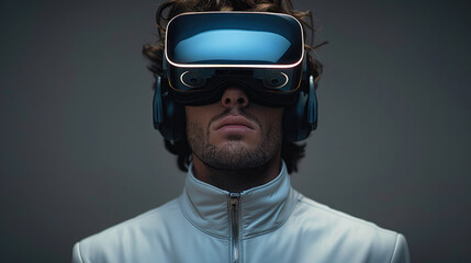 Poster - A man immersed in virtual reality, adorned with minimalist and elegant goggles that seamlessly blend with the surroundings. Generative AI.