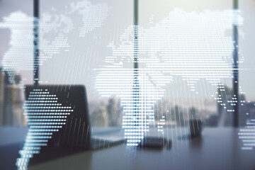 Wall Mural - multi exposure of abstract graphic world map and modern desk with computer on background, connection