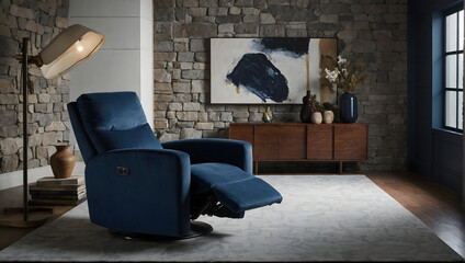 Wall Mural - Elegant room setting featuring a navy blue recliner against a textured stone wall.