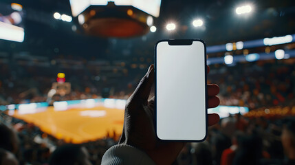 Man fan hands holding isolated smartphone device in basketball crowed stadium game with blank empty white screen, sports betting concept