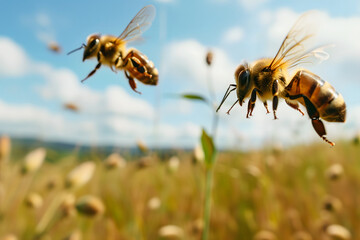 two honeybees above field at sunny summer day