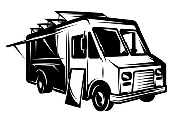 Wall Mural - Vector monochrome image with a food truck selling fast food