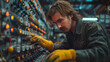 a man wearing yellow gloves is working on electrical equipment, in the style of dark indigo and light azure, soft, atmospheric lighting, firecore, award winning, 32k uhd, the aesthetic movement, light