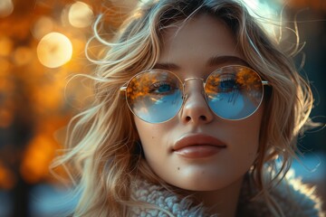 Wall Mural - Closeup portrait of a young woman with blue reflective sunglasses, capturing autumn leaves in the reflection