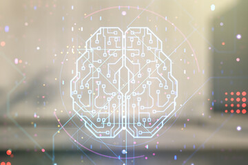 Wall Mural - double exposure of creative artificial intelligence interface on modern business center exterior bac