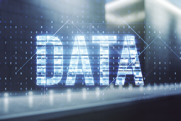 Wall Mural - virtual data word sign hologram on blurry modern office building background. multiexposure