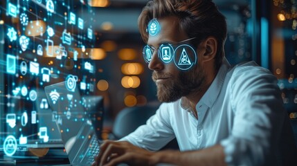 Leinwandbilder - Handsome project manager works at a computer in an office. Augmented reality social media icons appear on the employee's laptop. Internet of things, connectivity and online concept. Generative AI.