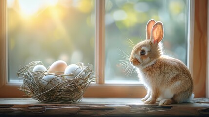 Wall Mural - Easter bunny and easter eggs on a wooden window sill