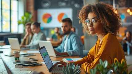 Poster - Team of young professionals working on internet marketing strategies, with laptops open and colorful infographics on the screens, in a high-tech startup style. Generative AI.