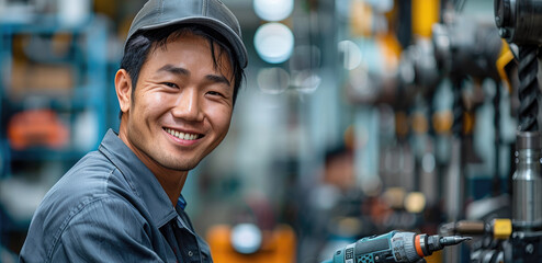 Aufkleber - Asian man smiling and holding a drill in his hand, in a clean and tidy factory. Generative AI.