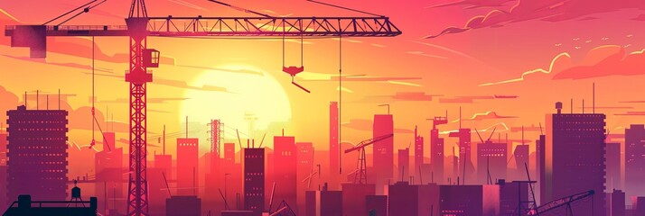 Wall Mural - Construction site in a vector urban landscape at dusk featuring cranes, concrete structures, and equipment silhouettes. City development and building process background. Reconstruction concept 