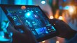 © Zahid - grasping a digital tablet that contains a smart energy controller or an online home automation system for remote home control. Every screen image is artificial.
