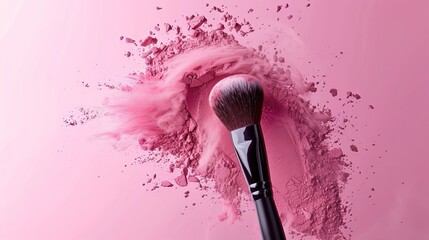 Wall Mural - Make brush powder. Isolating makeup items on a pink background and adding copy space. Beauty concept 