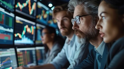 Poster - Three experts reviewing a global investment portfolio making a great decision at an algorithmic trading desk. Generative AI.