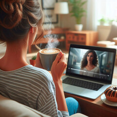 a woman is watching a TV series on a laptop and drinking coffee