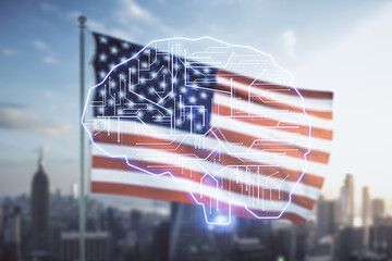 Wall Mural - double exposure of creative human brain microcircuit hologram on us flag and city background. future