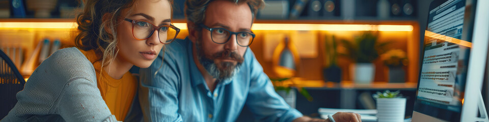 Poster - Two professionals IT at modern desk, intensely focused on a computer screen with a creative content writing process with highlighted keywords. Generative AI.