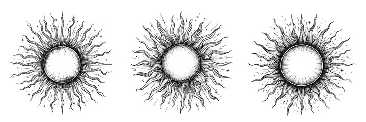 Wall Mural - set of graphic illustrations of the sun, in hand drawn style, sketch