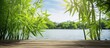 A wooden deck by a serene body of water is covered with lush bamboo leaves, creating a tranquil scene. This setting is ideal for product presentations,