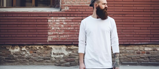 A young hipster man with a beard is standing in front of a brick wall. He is wearing a white blank t-shirt that can be used as a template for printing.