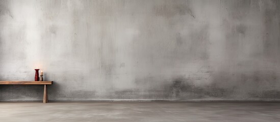 A serene and uncluttered space featuring a gray cement wall and floor. A simple wooden bench is placed to the left, adorned with a small plant and two dark bottles,