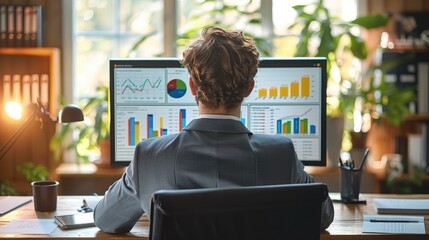 Aufkleber - Taken from back, Businessman examining graph on monitor in office at sunny day. Generative AI.