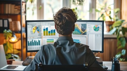 Aufkleber - Taken from back, Businessman examining graph on monitor in office at sunny day. Generative AI.