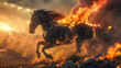 An awe-inspiring scene of an iron horse galloping through fire, its mane ablaze, captured in stunning high-quality detail