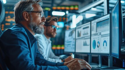 Poster - Two project managers sitting together in front of monitors, discussing a project. Generative AI.