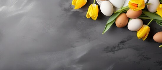 A tastefully arranged Easter-themed table setting showcases a collection of white and brown decorated eggs nestled among vibrant yellow tulips, all set against a smooth gray background.