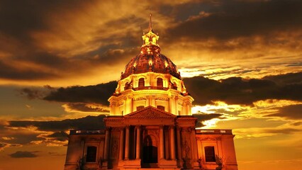 Wall Mural - Les Invalides (The National Residence of the Invalids) against the background of the sunset (4K, time lapse). Paris, France 