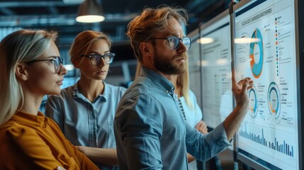Poster - Three data professionals standing in front of a flip chart that shows a process diagram. Generative AI.