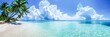 © Margo_Alexa - Panoramic view of a quiet tropical beach with palm trees, white sand and cumulus clouds over turquoise water.Travel agency advertising, resort advertising, relaxation and wellness programs.copy space
